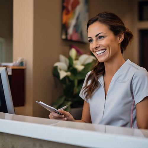 Smiling dental team member behind front desk