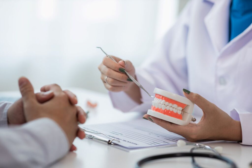 A dentist showing a patient a model of a set of teeth during a consultation.